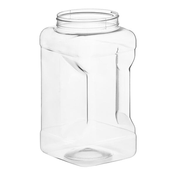 A clear, square 1-gallon PET plastic jar with a grip, shown without a lid.