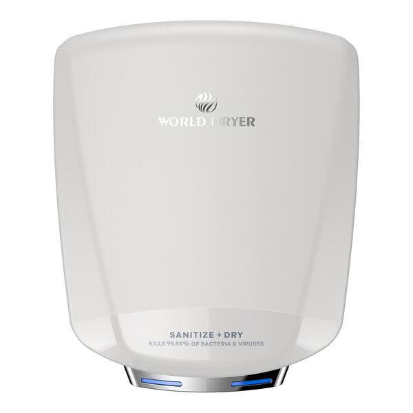 A white aluminum automatic surface-mount sanitizing hand dryer by World Dryer.
