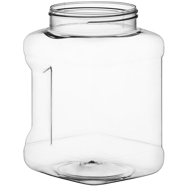 A clear, square 48 oz. PET plastic jar with a grip handle.