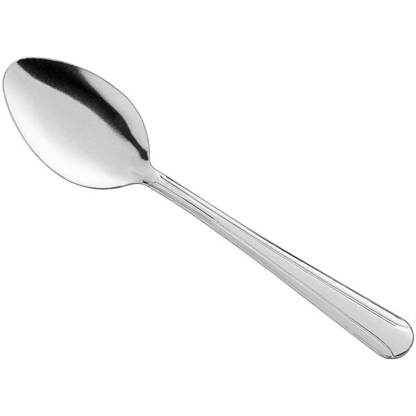 A stainless steel medium weight dinner or dessert spoon.
