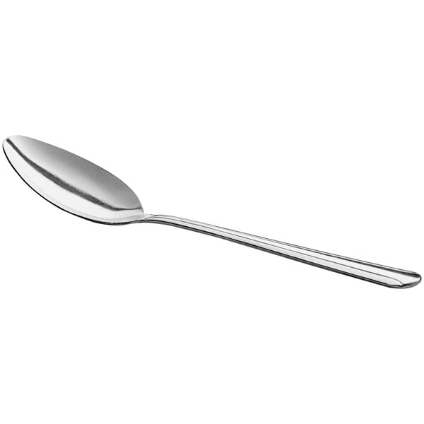A stainless steel medium weight dinner or dessert spoon.