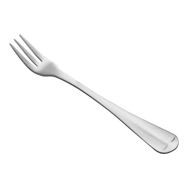 A stainless steel cocktail or oyster fork with three tines and a simple handle design.