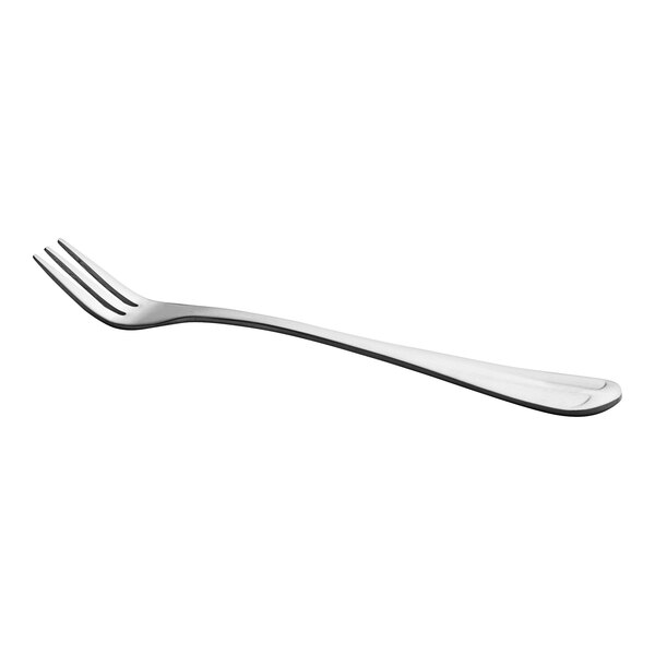 A stainless steel medium weight cocktail or oyster fork.