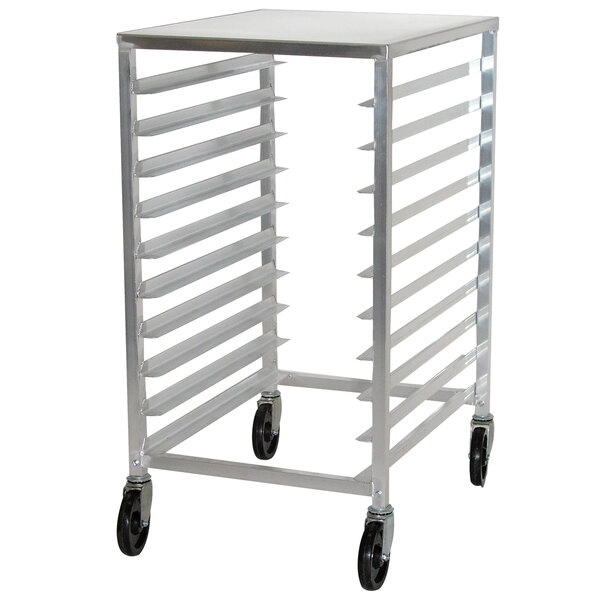 An Advance Tabco metal sheet pan rack with black wheels.