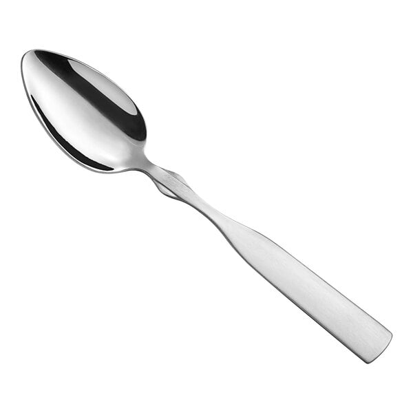 A stainless steel medium weight teaspoon with a simple, modern design.