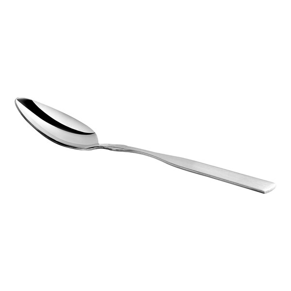 A stainless steel medium weight teaspoon with a simple, modern design.
