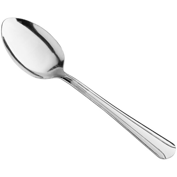 A stainless steel medium weight tablespoon or serving spoon.