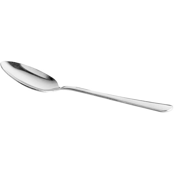 A stainless steel medium weight tablespoon or serving spoon.
