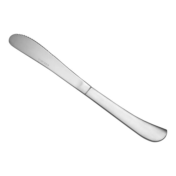 A stainless steel medium weight dinner knife.
