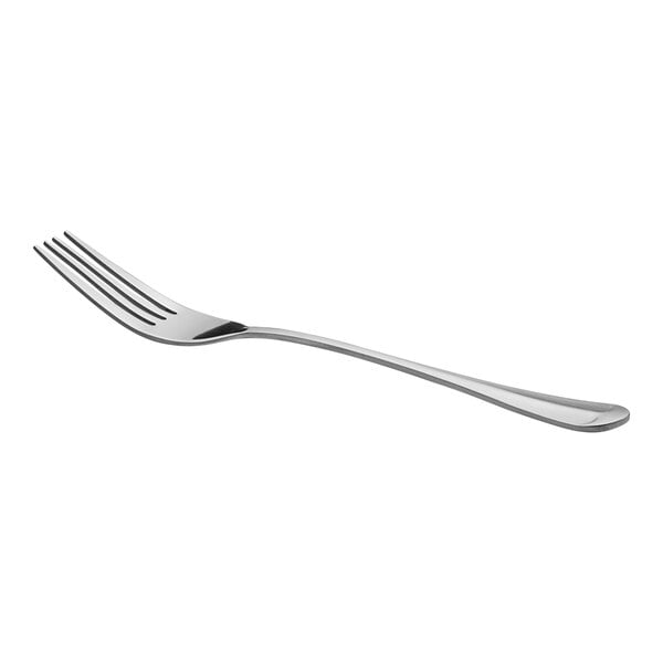 A stainless steel four-tine dinner fork with a simple, medium weight design.
