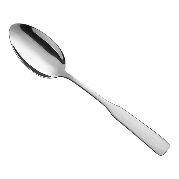 A stainless steel medium weight dinner or dessert spoon with a simple, modern design.
