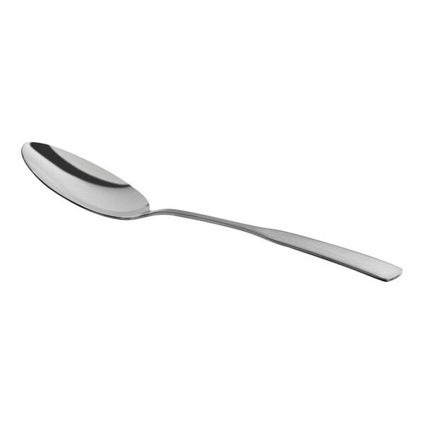 A stainless steel medium weight dinner or dessert spoon with a simple, modern design.