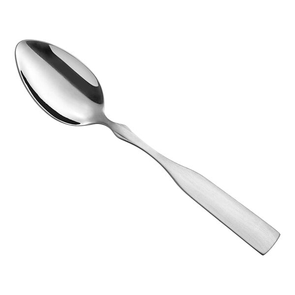 A stainless steel medium weight dinner or dessert spoon with a simple, modern design.