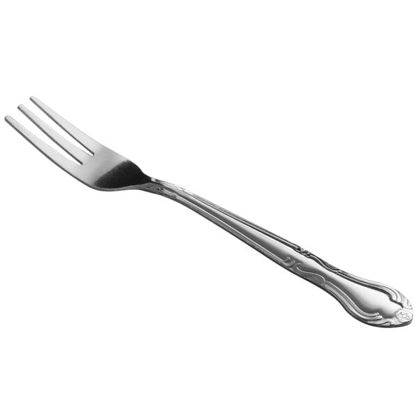 An 18/0 stainless steel medium weight oyster or cocktail fork with a decorative handle.
