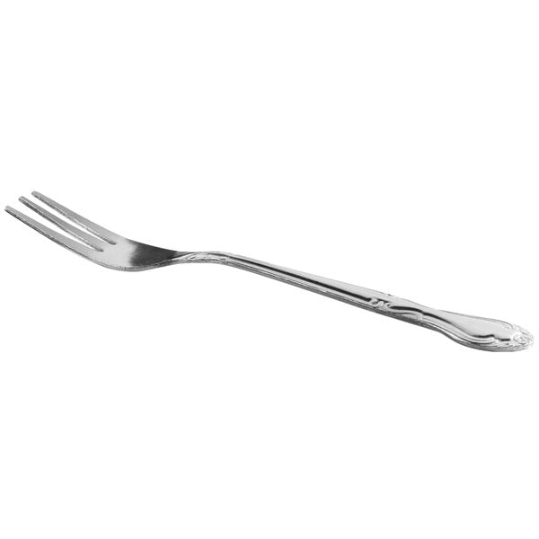 An 18/0 stainless steel oyster or cocktail fork with a medium weight and decorative handle.