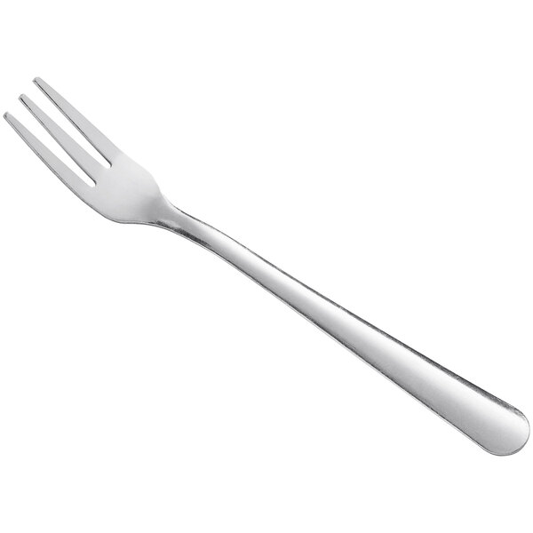 A stainless steel cocktail or oyster fork with three tines and a simple handle.