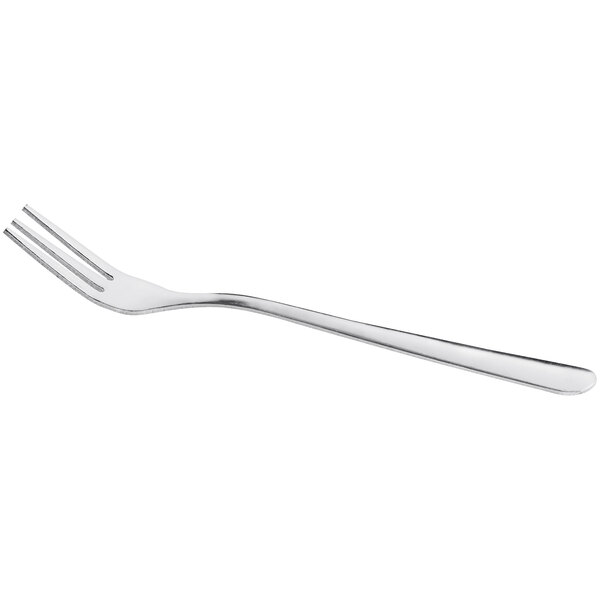 A stainless steel cocktail or oyster fork with a simple, polished design.