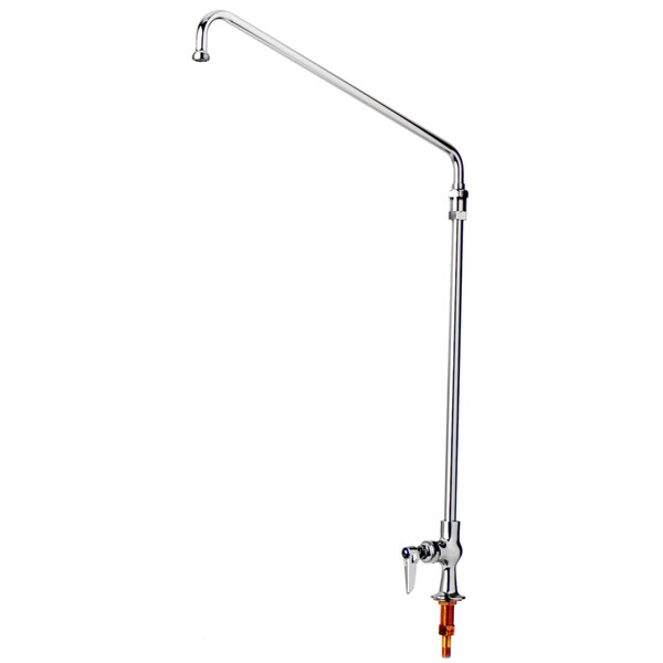 A silver T&S deck-mounted faucet with a lever handle.