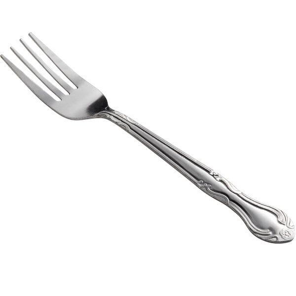 A stainless steel medium weight dinner fork with a decorative handle.