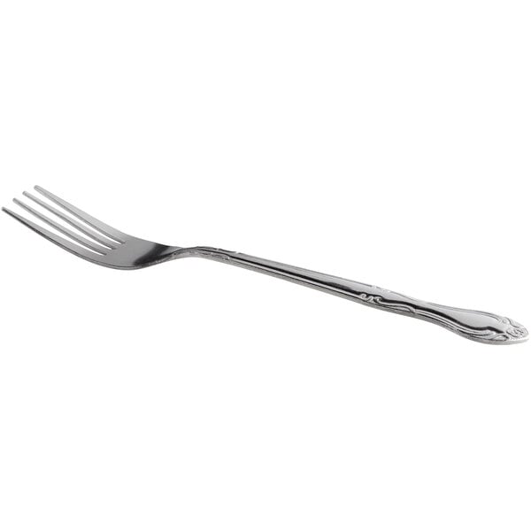 A stainless steel medium weight dinner fork with a decorative handle.