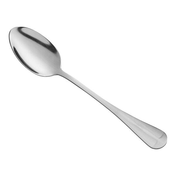 A stainless steel medium weight dinner or dessert spoon.
