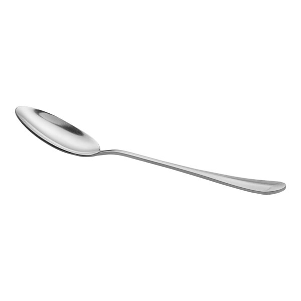 A stainless steel medium weight dinner or dessert spoon with a simple, smooth design.