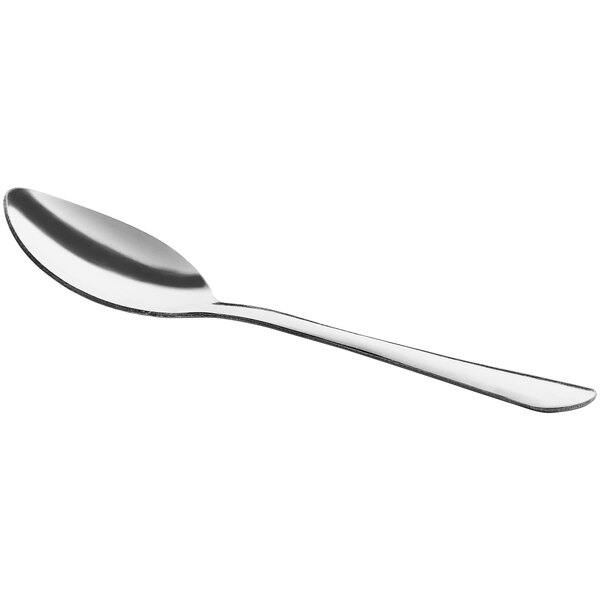A small stainless steel demitasse spoon with a simple, smooth design.