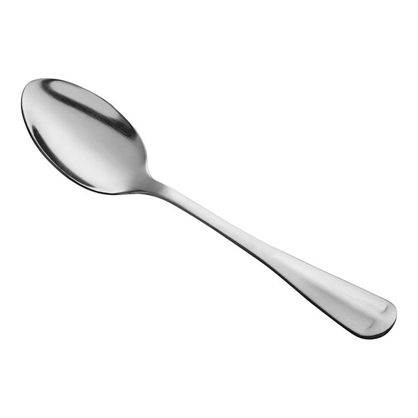 A stainless steel medium weight teaspoon with a simple, smooth design.