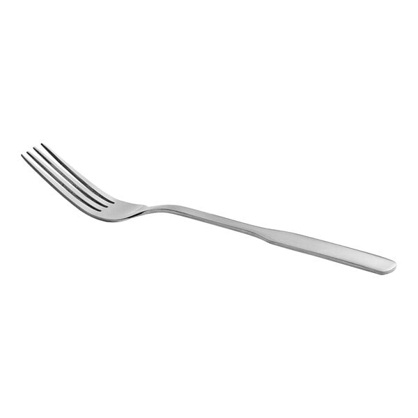 A stainless steel medium weight dinner fork with a simple design.