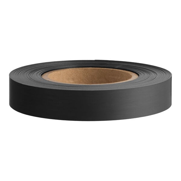 A roll of 1-inch wide black magnetic label holder tape for steel shelving.