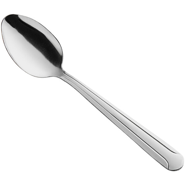 A stainless steel medium weight teaspoon with a simple, smooth handle design.