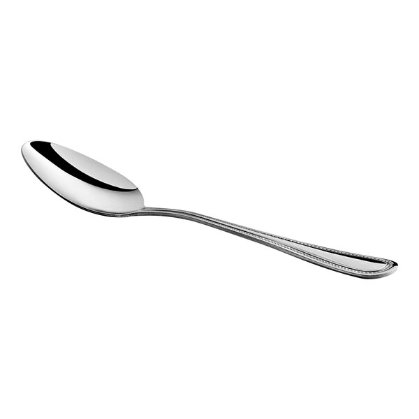 A stainless steel medium weight dinner or dessert spoon with a simple, slightly decorative handle.
