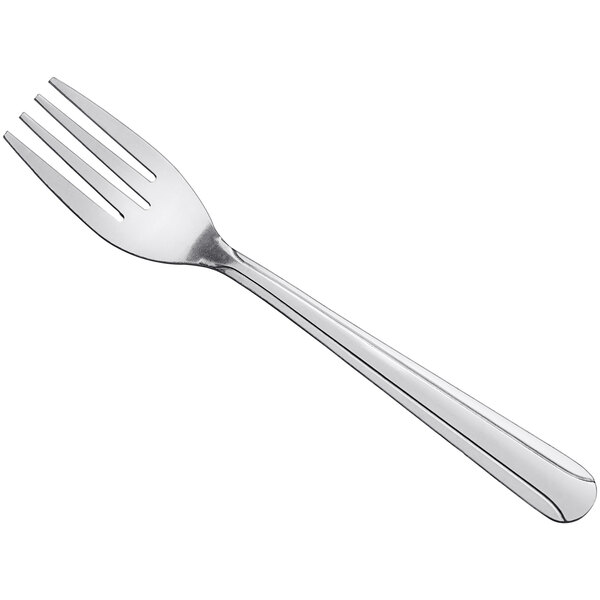 A stainless steel medium weight salad fork with a simple design.