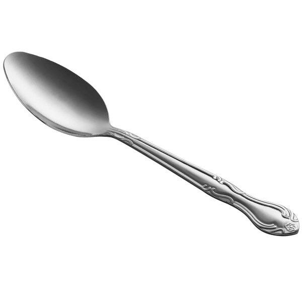 A stainless steel medium weight dinner or dessert spoon with a decorative handle.