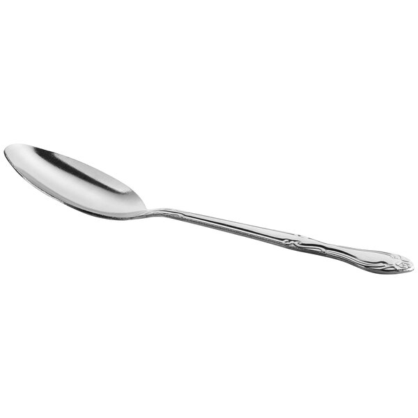 A stainless steel medium weight dinner or dessert spoon with a simple decorative handle.
