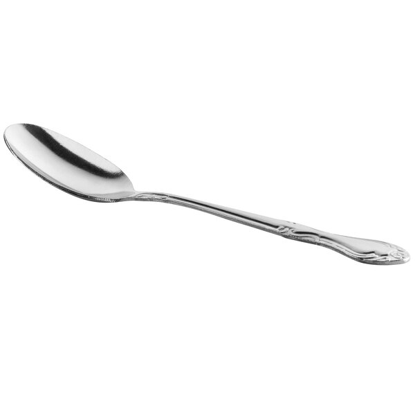 A stainless steel medium weight teaspoon with a simple decorative handle.