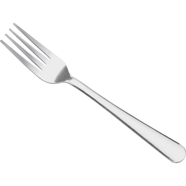 A stainless steel dinner fork with a simple, classic design.