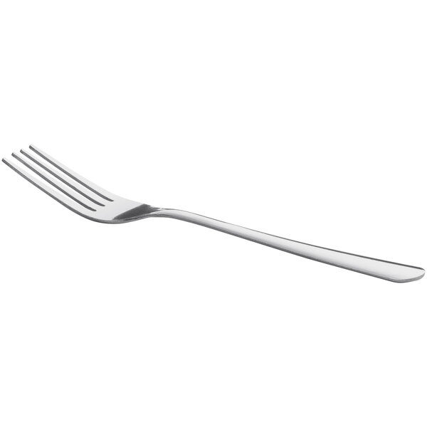 A stainless steel dinner fork with a simple, classic design.