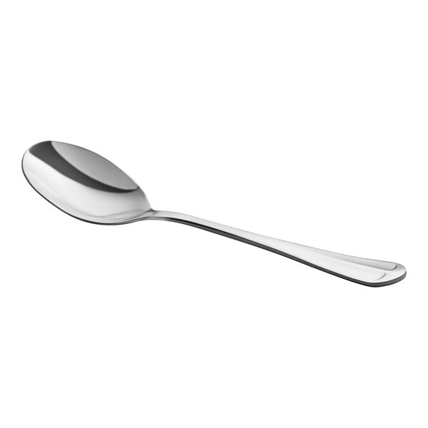 A stainless steel bouillon spoon with a simple, medium weight design.