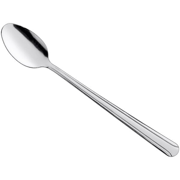 An 8-inch stainless steel iced tea spoon with a simple, medium weight design.