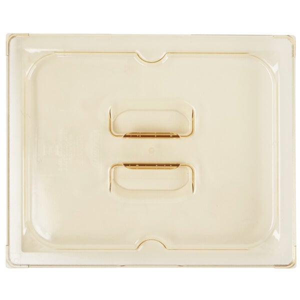 A beige plastic Vollrath 33200 Super Pan 1/2 Size lid with two handles.