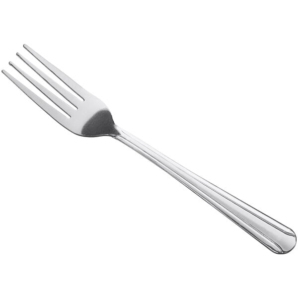 A stainless steel medium weight dinner fork with a simple, classic design.