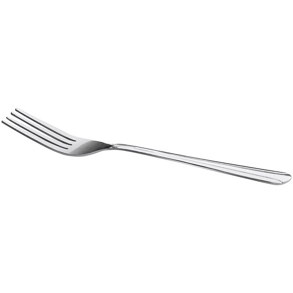 A stainless steel medium weight dinner fork.