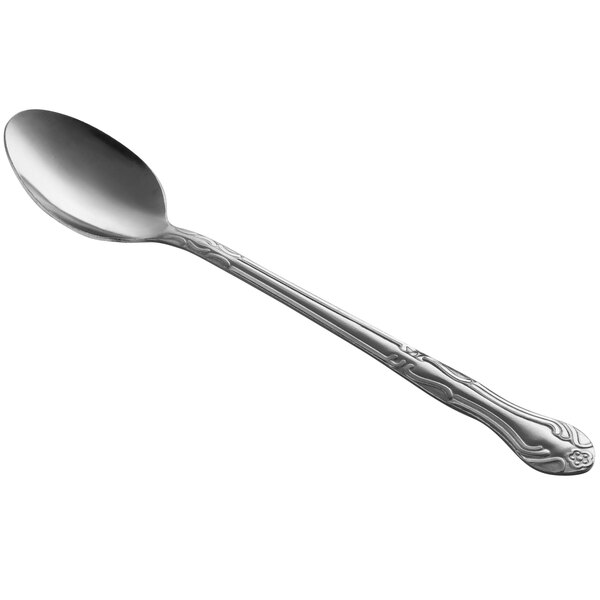A stainless steel iced tea spoon with a decorative handle.