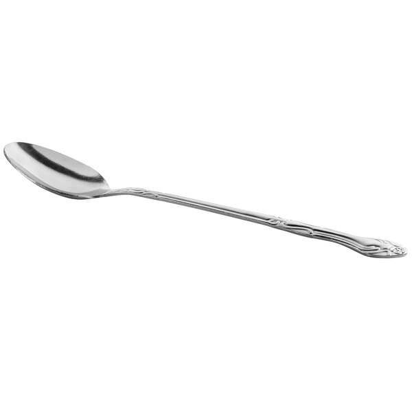 A stainless steel iced tea spoon with a long handle and a simple decorative pattern.