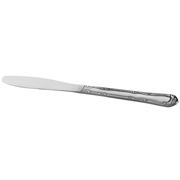 A stainless steel dinner knife with a decorative handle.