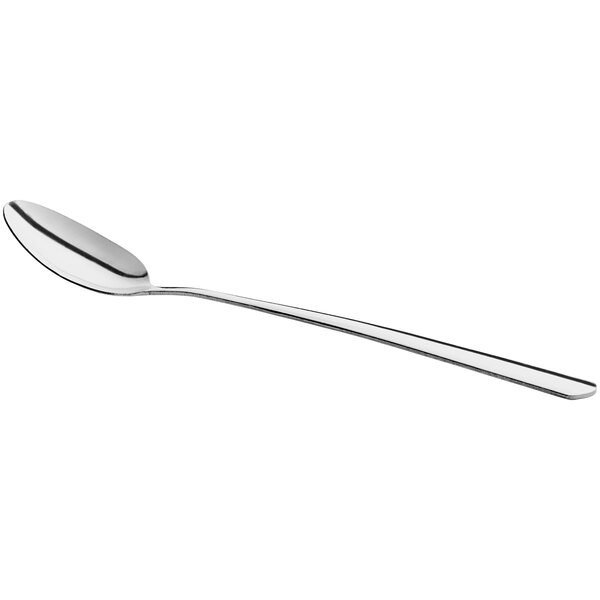 A long-handled stainless steel iced tea spoon.