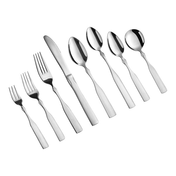 A set of stainless steel flatware including forks, knives, and spoons arranged in a row.