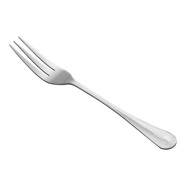 A stainless steel three-tine dinner fork.