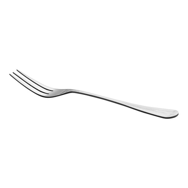 A stainless steel three-tine dinner fork with a simple, medium weight design.